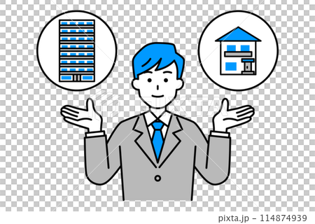 A man in a suit offering the choice between a house or an apartment 114874939