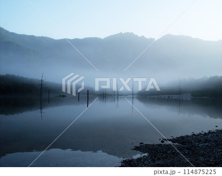 上高地の早朝、朝靄に包まれた大正池の幻想風景 上高地の早朝、朝靄に包まれた大正池の幻想風景 114875225