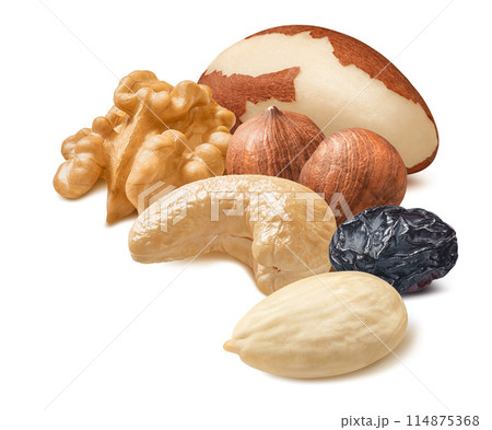 Brazil nut, walnut, hazelnut, blanched almond, cashew and raisin isolated on white background Brazil nut, walnut, hazelnut, blanched almond, cashew and raisin isolated on white background 114875368