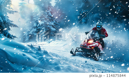 snowmobile in snow, extreme sport, winter forest background snowmobile in snow, extreme sport, winter forest background 114875844