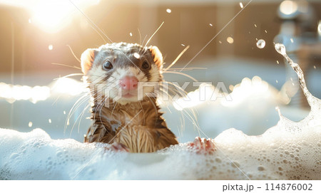 Wet ferret i in the modern bath, with foam and water splash close-up with sunlight. Wet ferret i in the modern bath, with foam and water splash close-up with sunlight. 114876002