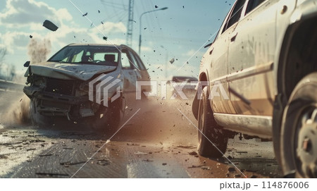 Hazardous car crash on road suv collides with another vehicle . Hazardous car crash on road suv collides with another vehicle . 114876006