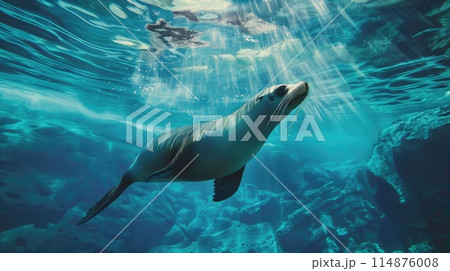 A sea lion swims underwater in a blue sea. A sea lion swims underwater in a blue sea. 114876008