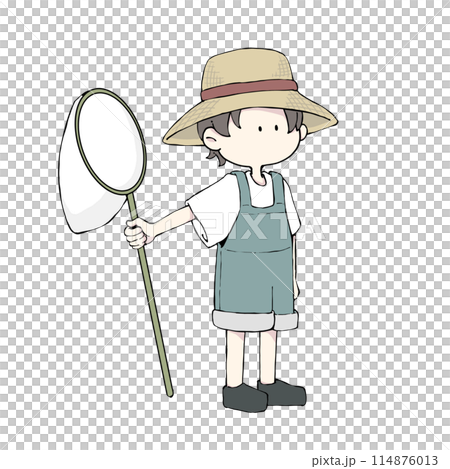 A boy in a straw hat catching insects 114876013