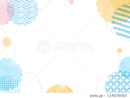 水彩のカラフルな丸と雪輪、和柄パターンのポップなフレーム 水彩のカラフルな丸と雪輪、和柄パターンのポップなフレーム 114876063