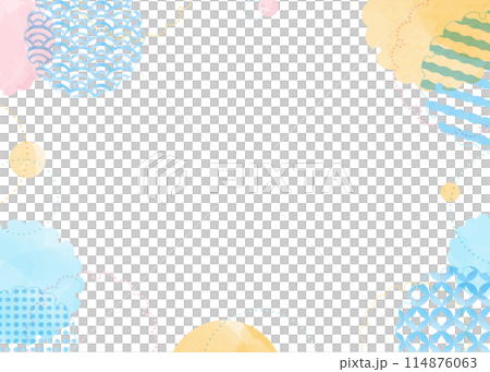 水彩のカラフルな丸と雪輪、和柄パターンのポップなフレーム 水彩のカラフルな丸と雪輪、和柄パターンのポップなフレーム 114876063
