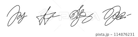 Hand drawn fake autograph with scribble pen strokes. Handwritten signature sample and random name. Sign for documents and certificates. Flat vector illustration on white background. 114876231