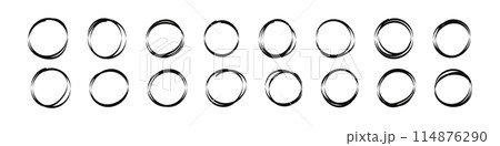 Hand drawn round frame with doodle shapes and scribbles. Sketchy lines with pencil and pen. Abstract art pattern and border. Flat vector illustration isolated on white background. 114876290