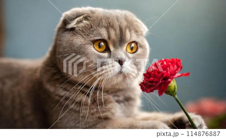 カーネーションとスコティッシュフォールド カーネーションとスコティッシュフォールド 114876887