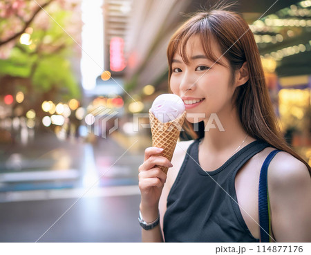 暑いのでソフトクリームを食べる女性 114877176