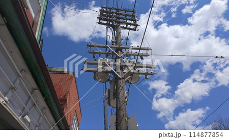 Typical outdoor electrical wires in Canada 114877854