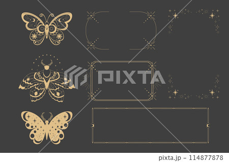 Magic sacred decoration cover, esoteric thin line frames, tattoo gold line border celelstial mystery esoteric decoration with moth or butterfly, sun, stars and moon on dark background. 114877878