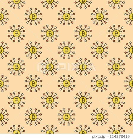 Chip with Bitcoin sign vector Crypto Technology colored seamless pattern Chip with Bitcoin sign vector Crypto Technology colored seamless pattern 114878419