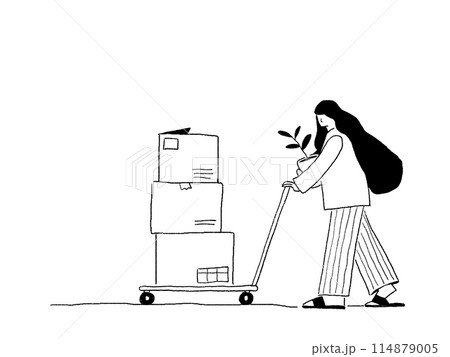 重ねた荷物、段ボールを台車で運ぶ女性、線画 重ねた荷物、段ボールを台車で運ぶ女性、線画 114879005