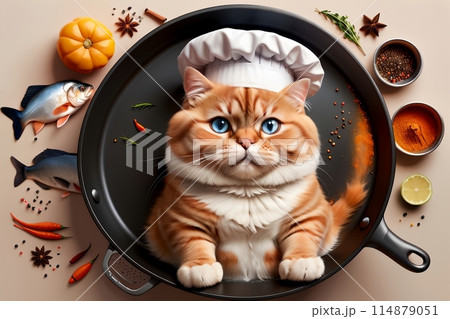 professional cat chef cooking fish, top view 114879051