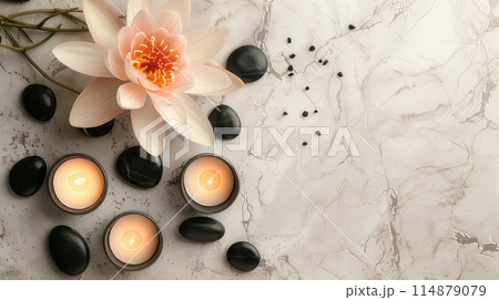 Lotus flower, stones and candles on a light textured background with copy space. View from above. AI-generated content 114879079