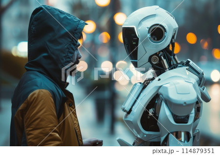 A woman stands by a robot on a street in the city 114879351