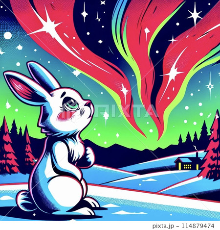 オーロラを見上げるうさぎ 114879474