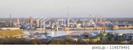 Amazing aerial view of the industrial and port area of Ravenna at sunrise Amazing aerial view of the industrial and port area of Ravenna at sunrise 114879491