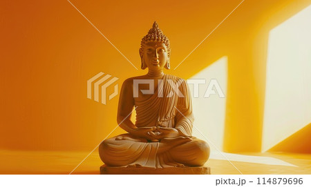 Buddha statue in gold color meditating in lotus position on a yellow background. AI-generated content 114879696