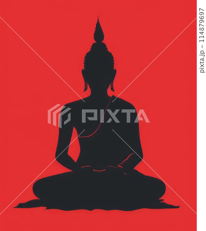 Black silhouette of Buddha in lotus position on red background. AI-generated content 114879697