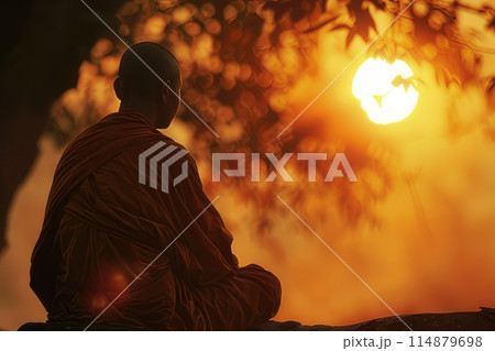 Thai Buddhist monk praying at sunrise while sitting under a tree. AI-generated content. 114879698