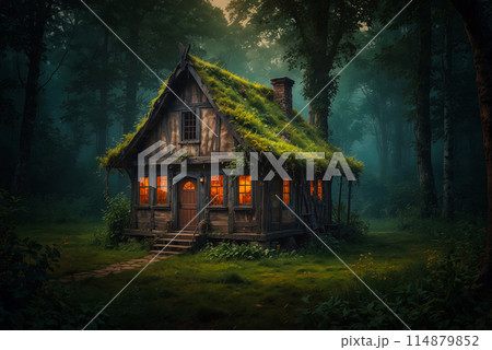 Fairytale fantasy landscape of miniature houses on the dark forest floor illuminated from within by warm glowing lights. Generative AI 114879852