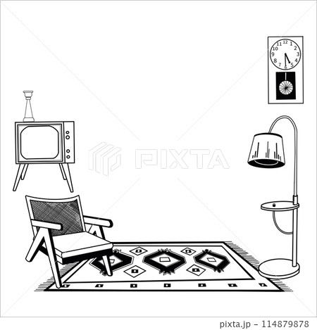 Living room design. An armchair, a clock, a carpet with an ornament, a floor lamp, a TV. Hand drawn in vector in black on a white background. For printing on paper and fabric, for interior design. 114879878