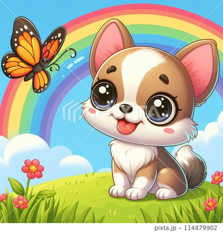 花の中で遊ぶかわいい子犬 114879902