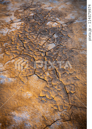 Close-up of cracked earth in warm golden light 114879974