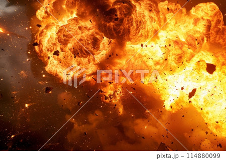 Intense explosion with fiery flames and flying debris 114880099