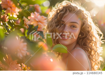 Young woman smiling in a flower garden during golden hour 114880145
