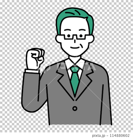 A middle-aged man in a suit doing a fist pump 114880602