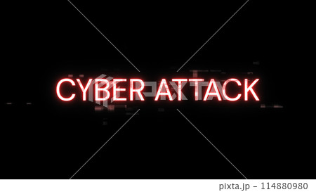 3D rendering cyber attack text with screen effects of technological glitches 114880980