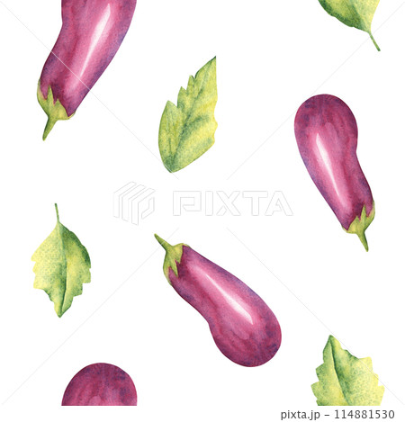Eggplants with leaves watercolor seamless pattern on a white background. Can be used for kitchen textile prints, product packaging design. 114881530