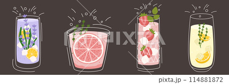 Collection with different taste lemonade and various of glasses shapes. Lemon and thyme, lavender, grapefruit and strawberry. Vector illustration in outline and flat color style on dark background Collection with different taste lemonade and various of glasses shapes. Lemon and thyme, lavender, grapefruit and strawberry. Vector illustration in outline and flat color style on dark background 114881872