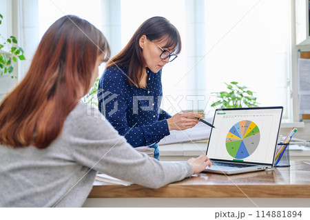 Training courses, young female studies at computer, mature mentor teaching young student Training courses, young female studies at computer, mature mentor teaching young student 114881894