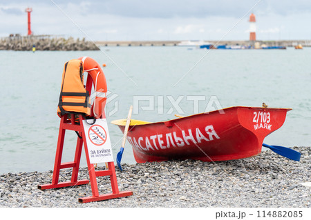 Red boat of coastal rescuers. 114882085