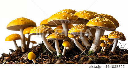 Yellow mushrooms growing in dirt. 114882821