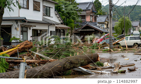 豪雨の被災 氾濫 倒木 豪雨の被災 氾濫 倒木 114882997