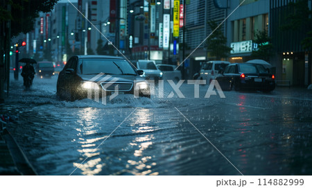 豪雨で浸水した車のイメージ 豪雨で浸水した車のイメージ 114882999