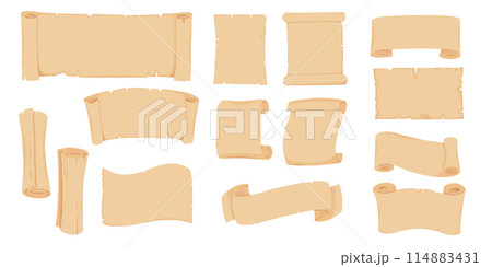 Cartoon ancient parchment scroll and old paper manuscript. Fantasy treasure map, diploma and letter. Historical vintage scrolls vector set. Papyrus for religious scripture, aged certificate Cartoon ancient parchment scroll and old paper manuscript. Fantasy treasure map, diploma and letter. Historical vintage scrolls vector set. Papyrus for religious scripture, aged certificate 114883431