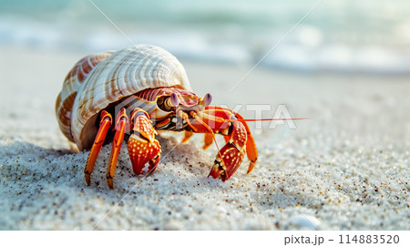 白いビーチにいるヤドカリ 114883520