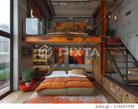 Contemporary loft bedroom with industrial accents and soft textiles 114883594
