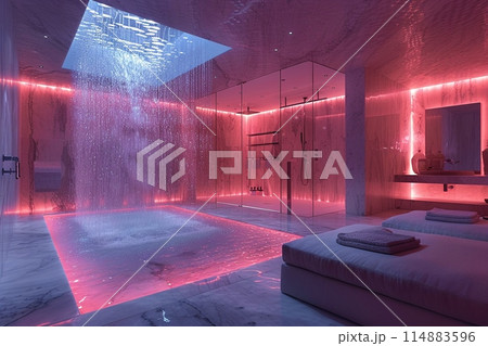 Contemporary bathroom with a glass-enclosed waterfall shower and ambient lighting 114883596