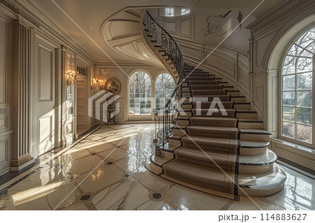 Classic Georgian-style foyer with a grand staircase and detailed moldings 114883627