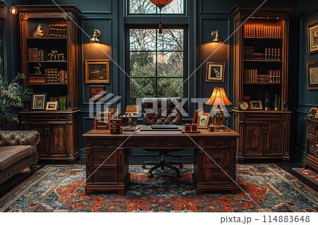 Classic film noir-inspired office with vintage props and moody lighting 114883648