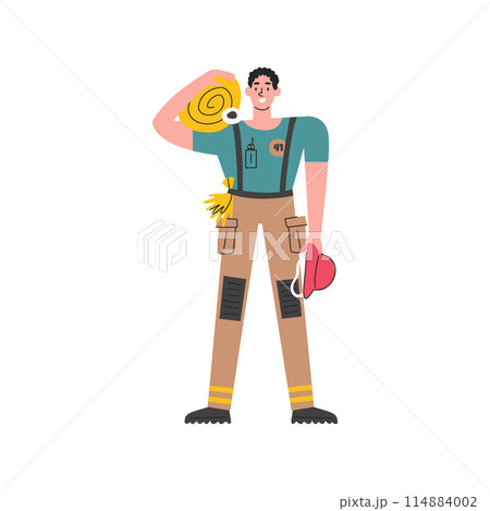 Young adult firefighter in uniform holding hydrant 114884002
