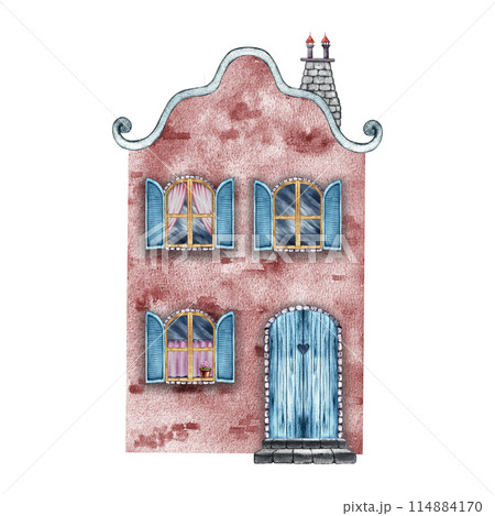 An old European house, a fabulous, cute, red two-storey house in vintage style. The watercolor illustration is made by hand. Isolate it. For prints, children's games, postcard, packaging, scrapbooking 114884170