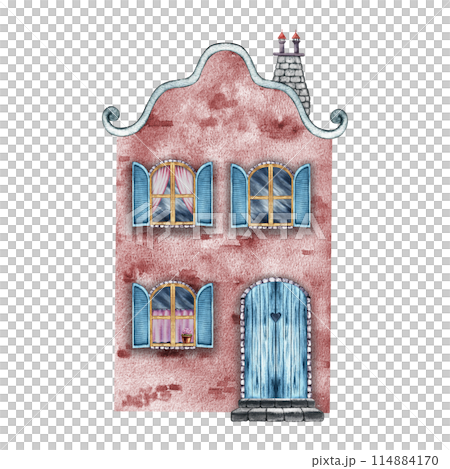 An old European house, a fabulous, cute, red two-storey house in vintage style. The watercolor illustration is made by hand. Isolate it. For prints, children's games, postcard, packaging, scrapbooking 114884170